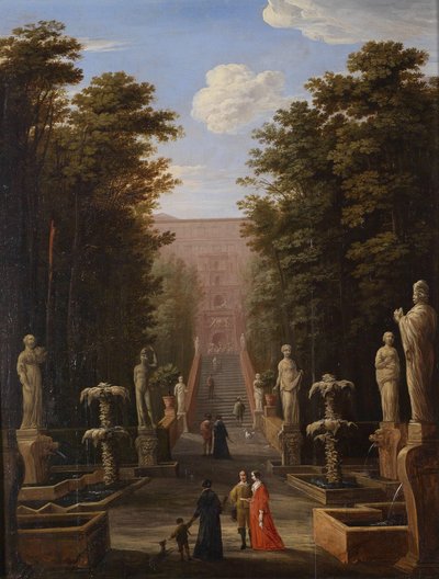 An Elegant Society in the Gardens of the Villa d’Este in Tivoli in Front of the Great Cascade of Pirro Ligorio by Johann Wilhelm Baur